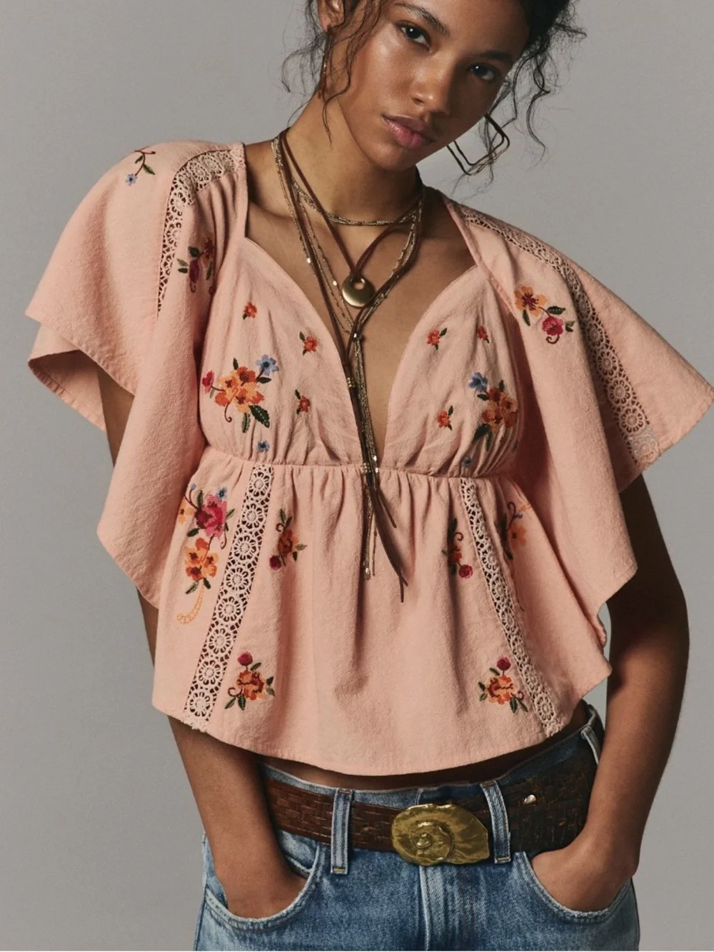 Free People Make Me Yours Embroidered Blouse- Peach combo